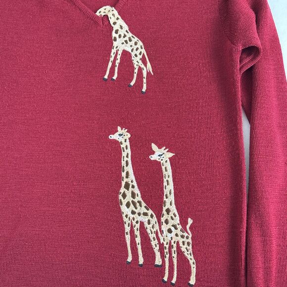 VTG Cyn Les Sweater Giraffes Shirlee Designs Womens Medium Embroidered Burgundy - Picture 4 of 8